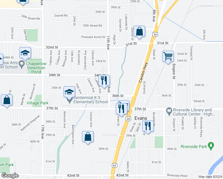 map of restaurants, bars, coffee shops, grocery stores, and more near 3501 11th Avenue in Evans