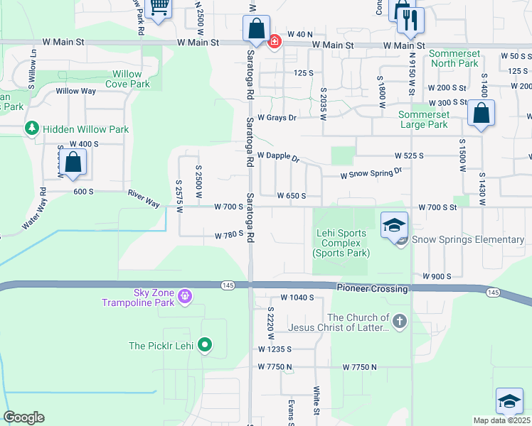 map of restaurants, bars, coffee shops, grocery stores, and more near 2199 West 650 South in Lehi