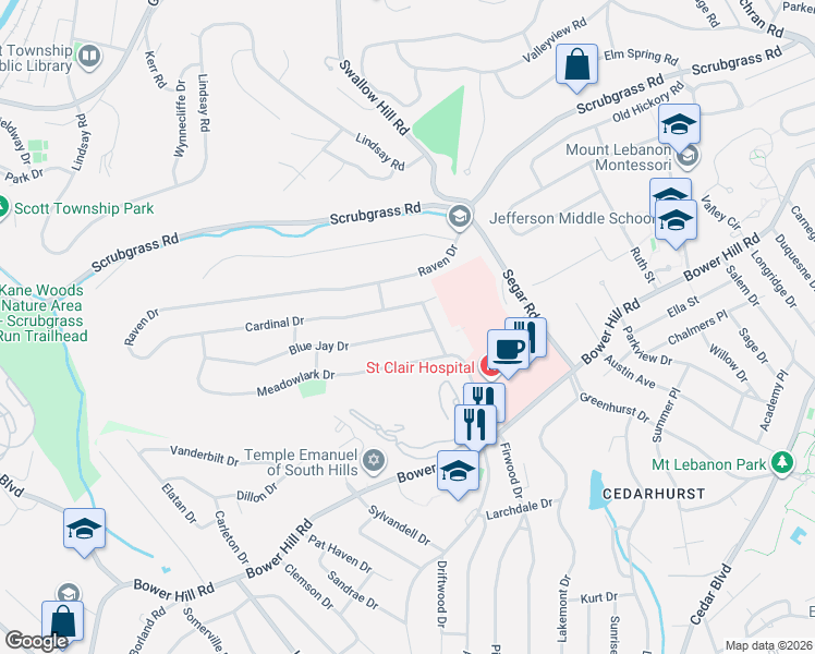 map of restaurants, bars, coffee shops, grocery stores, and more near 1131 Cardinal Drive in Pittsburgh