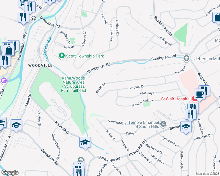 map of restaurants, bars, coffee shops, grocery stores, and more near 1383 Raven Drive in Pittsburgh