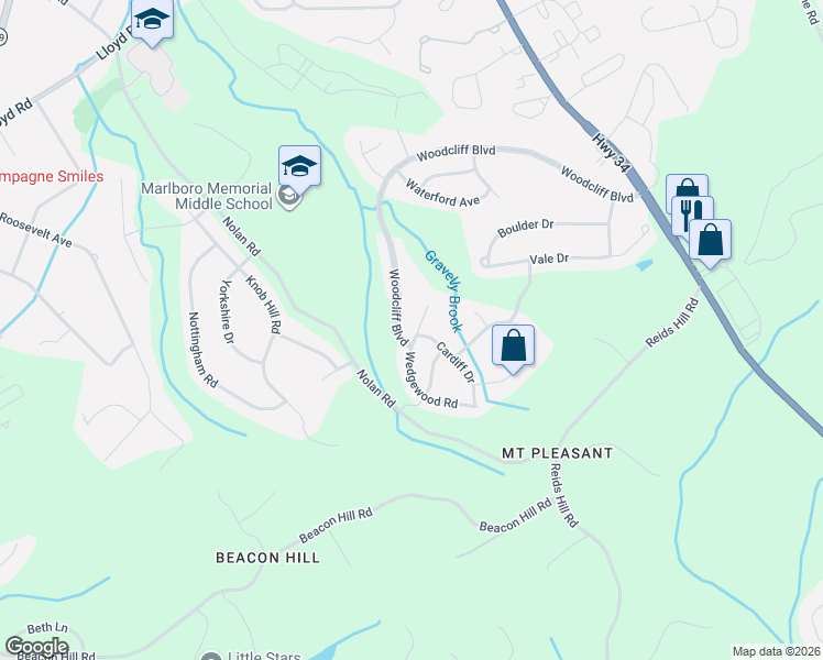 map of restaurants, bars, coffee shops, grocery stores, and more near 315 Wedgewood Road in Marlboro Township