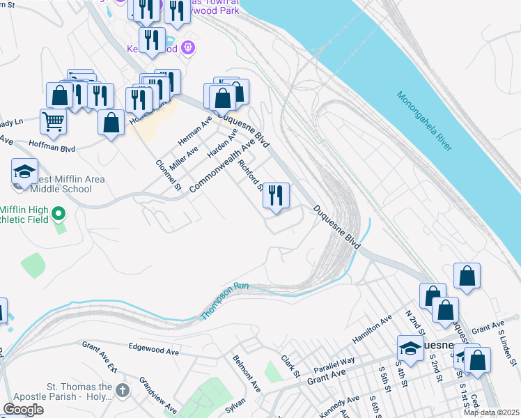 map of restaurants, bars, coffee shops, grocery stores, and more near 132 Overland Avenue in Duquesne