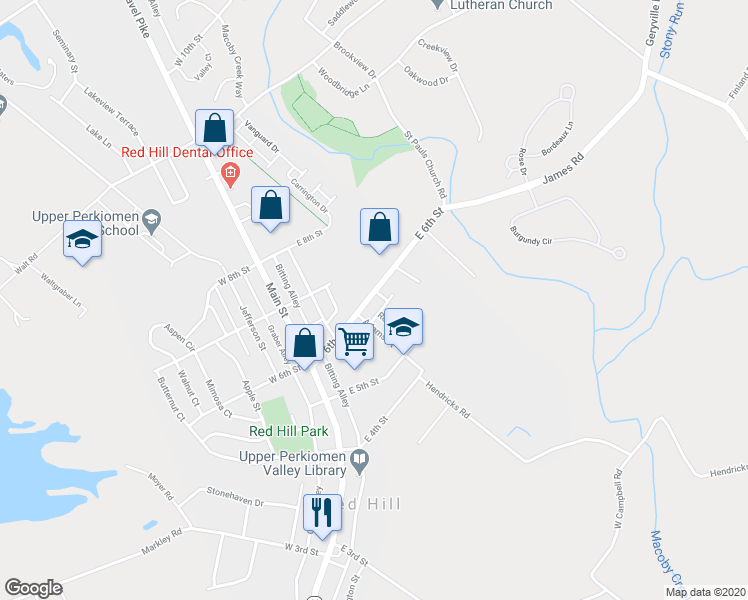 map of restaurants, bars, coffee shops, grocery stores, and more near 214 East 6th Street in Red Hill