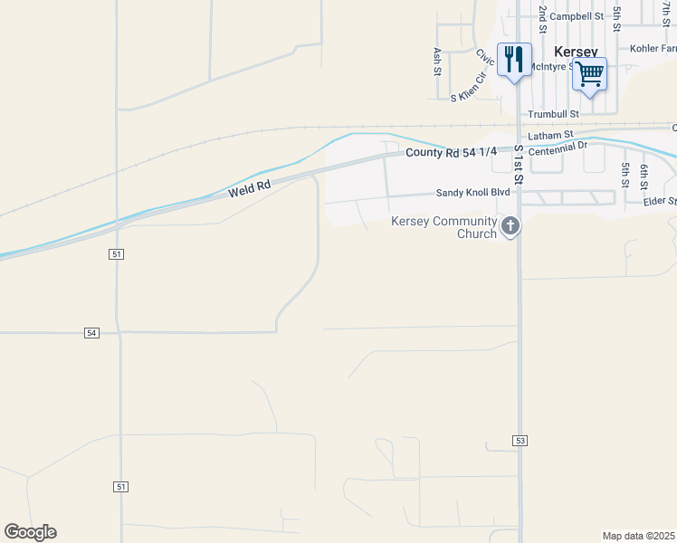 map of restaurants, bars, coffee shops, grocery stores, and more near 25554 Sandy Knoll Boulevard in Kersey