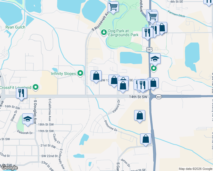 map of restaurants, bars, coffee shops, grocery stores, and more near 100-218 SW 12th St in Loveland