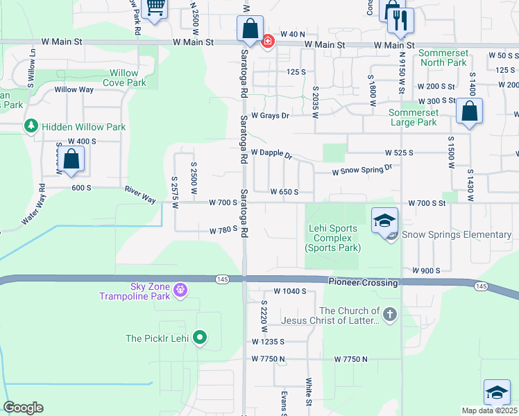 map of restaurants, bars, coffee shops, grocery stores, and more near 2199 West 650 South in Lehi