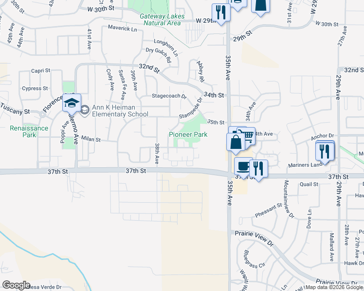 map of restaurants, bars, coffee shops, grocery stores, and more near 3601 Ponderosa Court in Evans