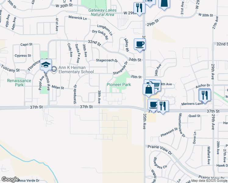 map of restaurants, bars, coffee shops, grocery stores, and more near 3601 Ponderosa Court in Evans