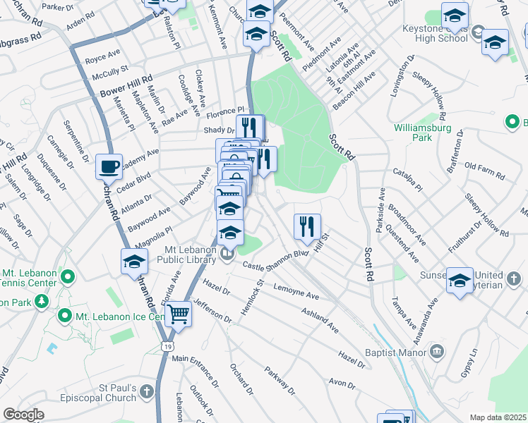 map of restaurants, bars, coffee shops, grocery stores, and more near 141 Central Square in Pittsburgh