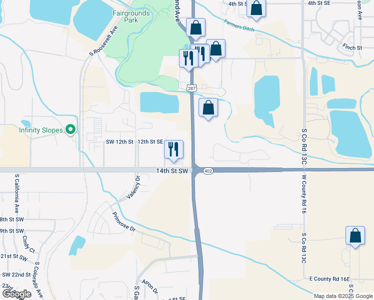 map of restaurants, bars, coffee shops, grocery stores, and more near 1223-1271 South Lincoln Avenue in Loveland