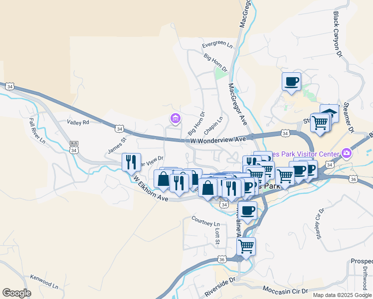 map of restaurants, bars, coffee shops, grocery stores, and more near 374 Big Horn Drive in Estes Park
