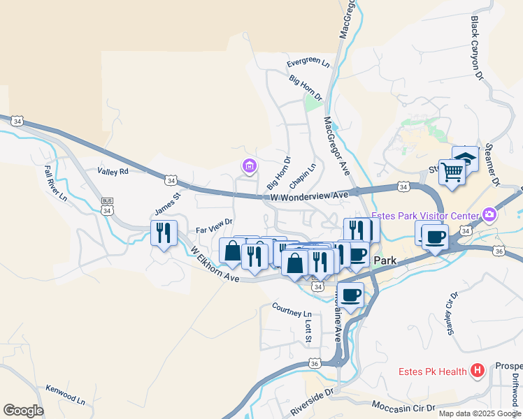 map of restaurants, bars, coffee shops, grocery stores, and more near 374 Big Horn Drive in Estes Park