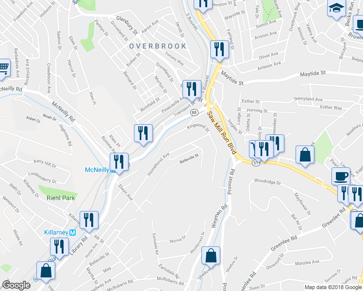 map of restaurants, bars, coffee shops, grocery stores, and more near 2522 Homehurst Avenue in Pittsburgh