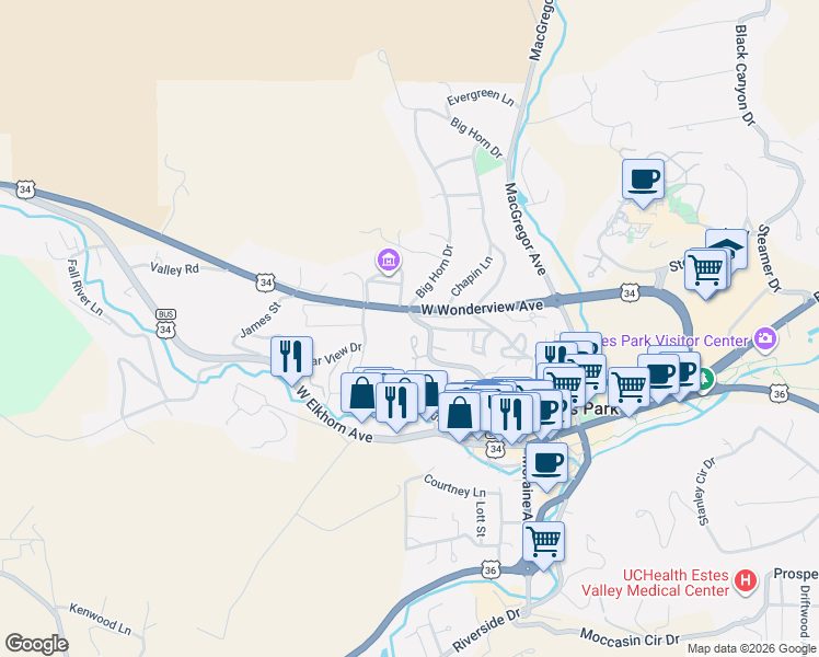 map of restaurants, bars, coffee shops, grocery stores, and more near 374 Big Horn Drive in Estes Park