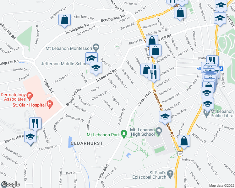 map of restaurants, bars, coffee shops, grocery stores, and more near 460 Salem Drive in Pittsburgh
