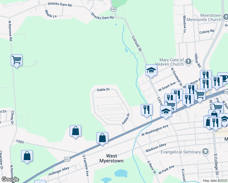 map of restaurants, bars, coffee shops, grocery stores, and more near 118 Gable Drive in Myerstown