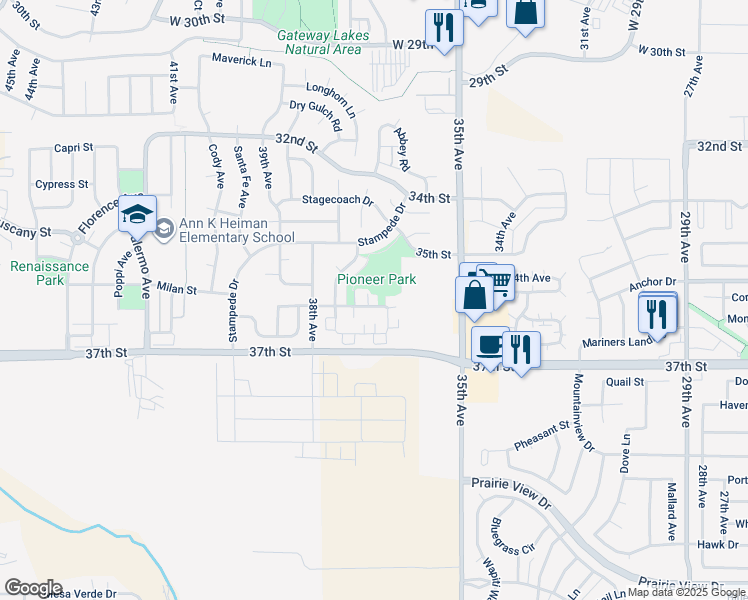 map of restaurants, bars, coffee shops, grocery stores, and more near 3613 Ponderosa Court in Evans
