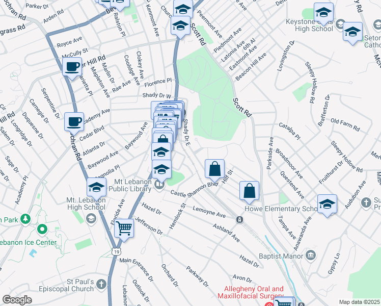 map of restaurants, bars, coffee shops, grocery stores, and more near 720 Shady Drive East in Pittsburgh