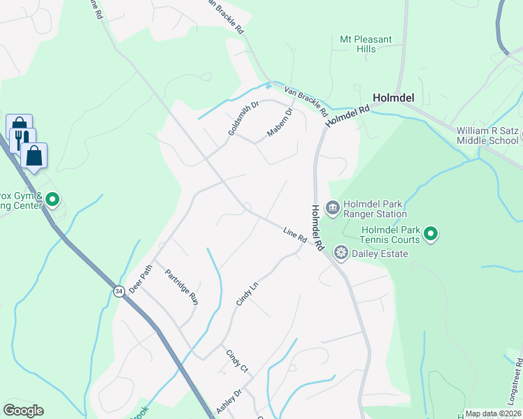 map of restaurants, bars, coffee shops, grocery stores, and more near 3 Crowfield Lane in Holmdel