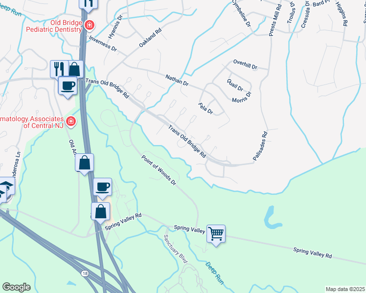 map of restaurants, bars, coffee shops, grocery stores, and more near 12 Tiffany Court in Old Bridge Township