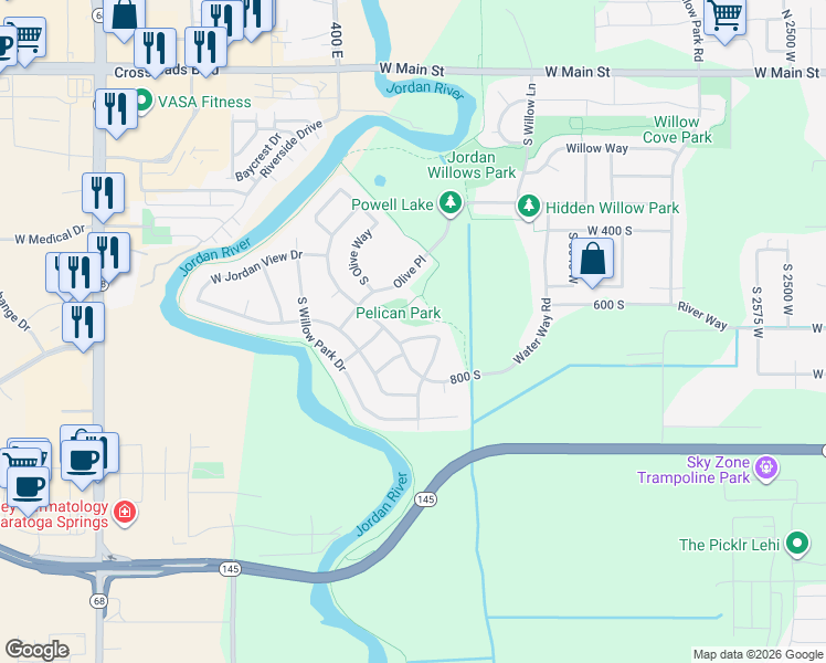 map of restaurants, bars, coffee shops, grocery stores, and more near 3442 West Willow Trail Loop in Lehi