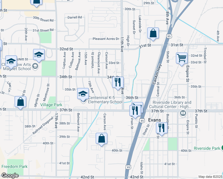 map of restaurants, bars, coffee shops, grocery stores, and more near in Evans