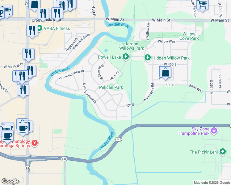 map of restaurants, bars, coffee shops, grocery stores, and more near 3442 West Willow Trail Loop in Lehi