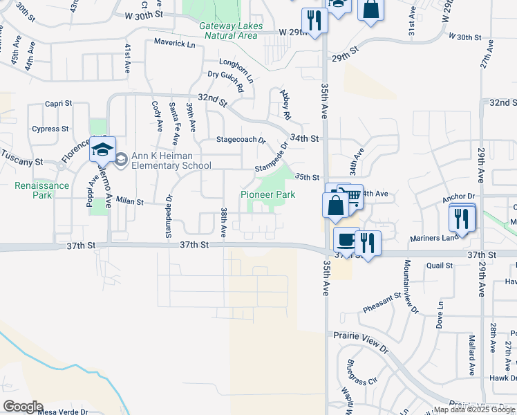 map of restaurants, bars, coffee shops, grocery stores, and more near 3601 Ponderosa Court in Evans