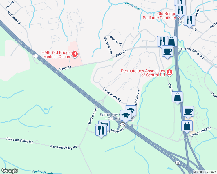 map of restaurants, bars, coffee shops, grocery stores, and more near 117 Diamond Lane in Old Bridge