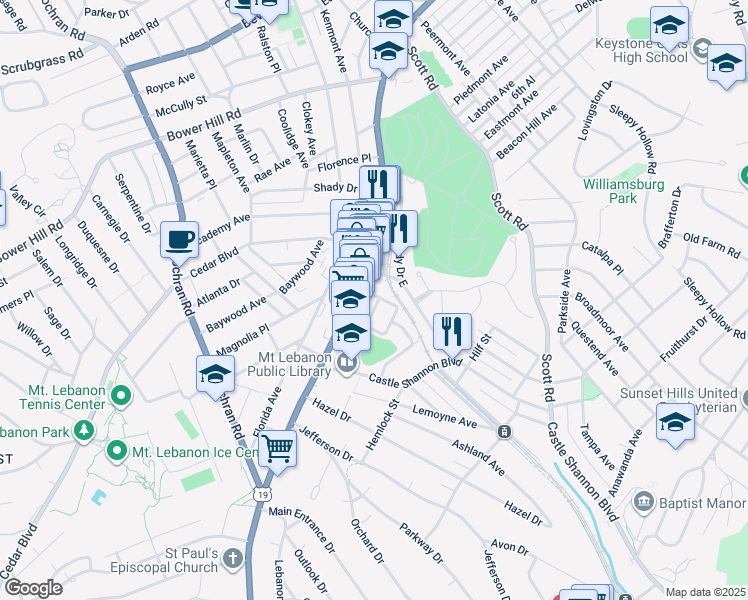 map of restaurants, bars, coffee shops, grocery stores, and more near 93 Central Square in Mount Lebanon