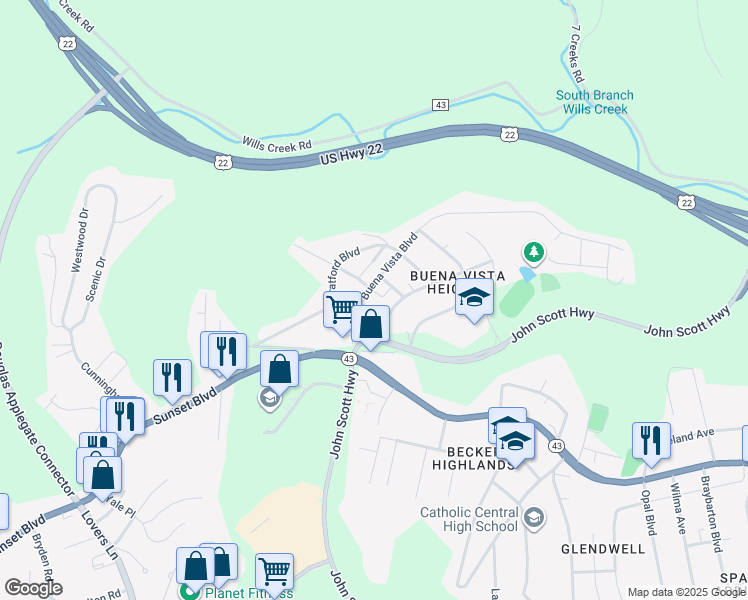 map of restaurants, bars, coffee shops, grocery stores, and more near 215 Buena Vista Boulevard in Steubenville