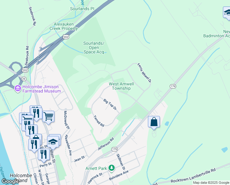 map of restaurants, bars, coffee shops, grocery stores, and more near 15 Music Mountain Boulevard in Lambertville