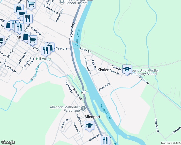 map of restaurants, bars, coffee shops, grocery stores, and more near 45 North Riverside Drive in Mount Union