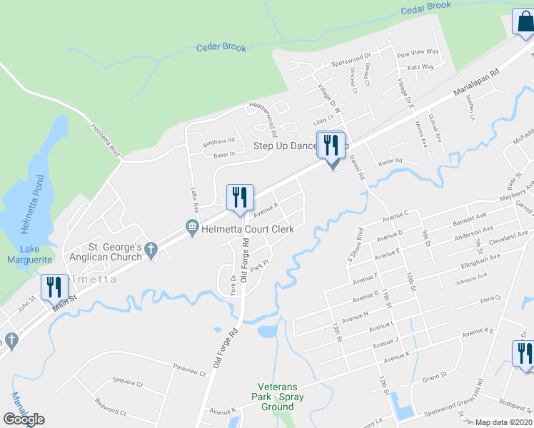 map of restaurants, bars, coffee shops, grocery stores, and more near 14 Avenue A in Helmetta