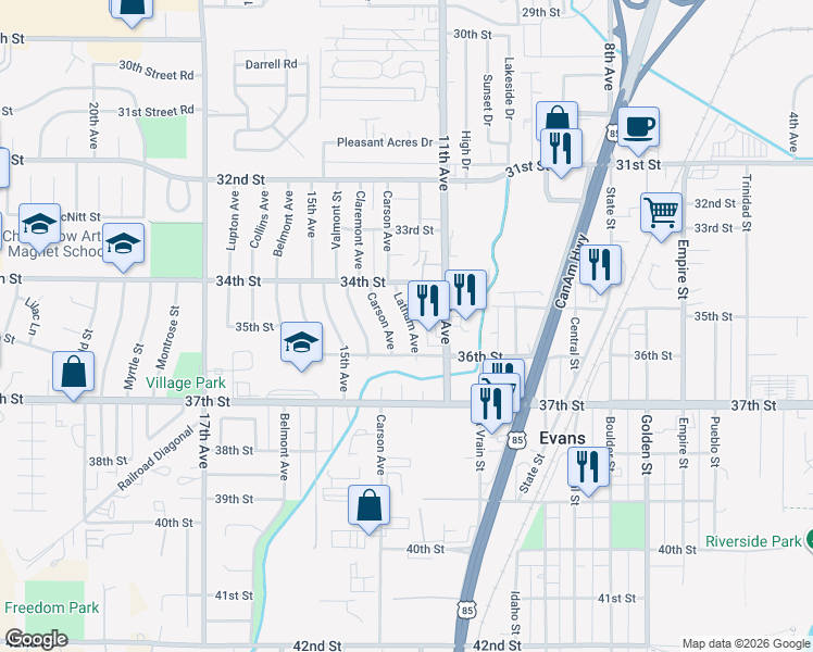 map of restaurants, bars, coffee shops, grocery stores, and more near 3501 Latham Avenue in Evans