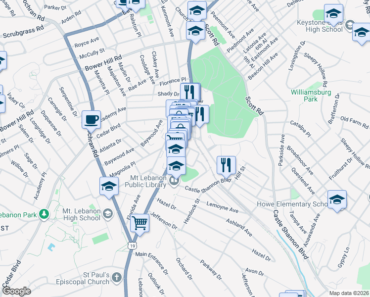 map of restaurants, bars, coffee shops, grocery stores, and more near in Allegheny County