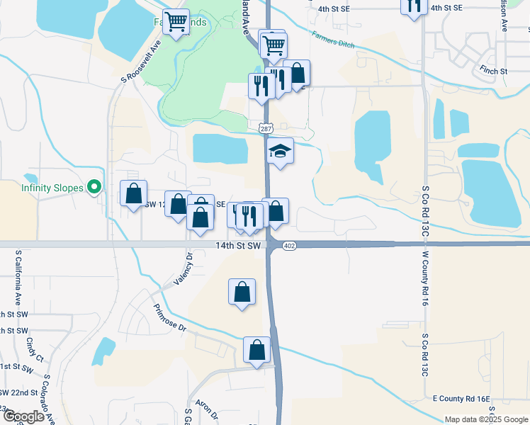 map of restaurants, bars, coffee shops, grocery stores, and more near 1223 South Lincoln Avenue in Loveland