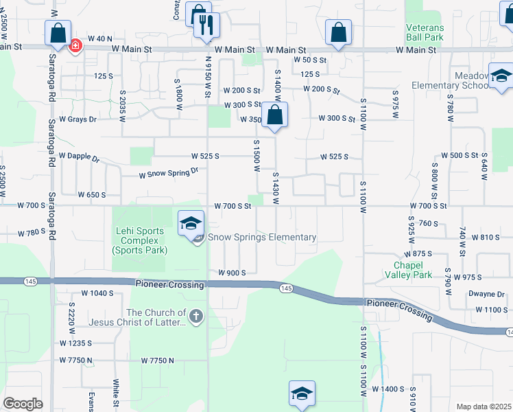 map of restaurants, bars, coffee shops, grocery stores, and more near 1500 West 700 South Street in Lehi