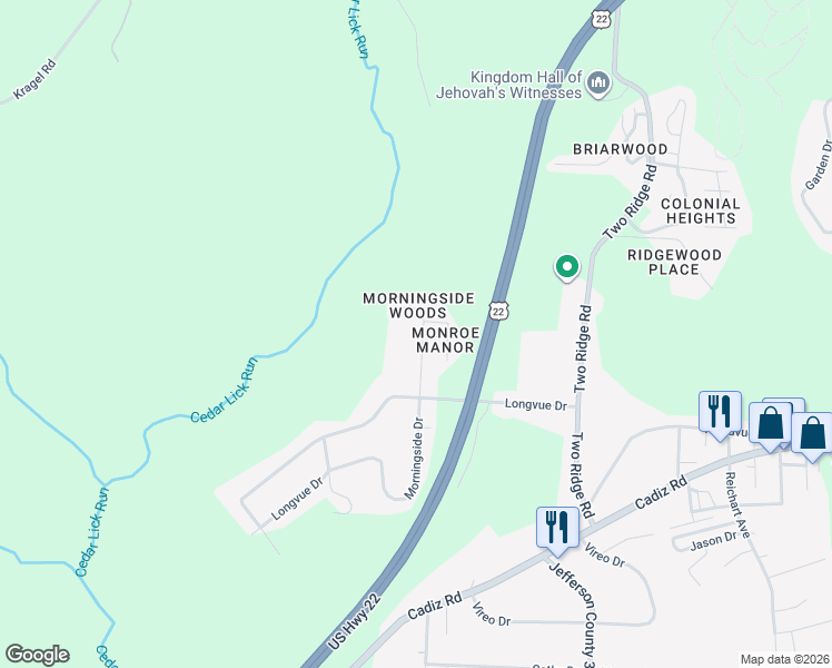 map of restaurants, bars, coffee shops, grocery stores, and more near 23 Morningside Drive in Steubenville