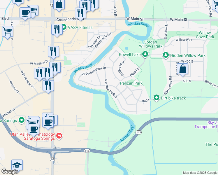 map of restaurants, bars, coffee shops, grocery stores, and more near 653 South Willow Park Drive in Lehi