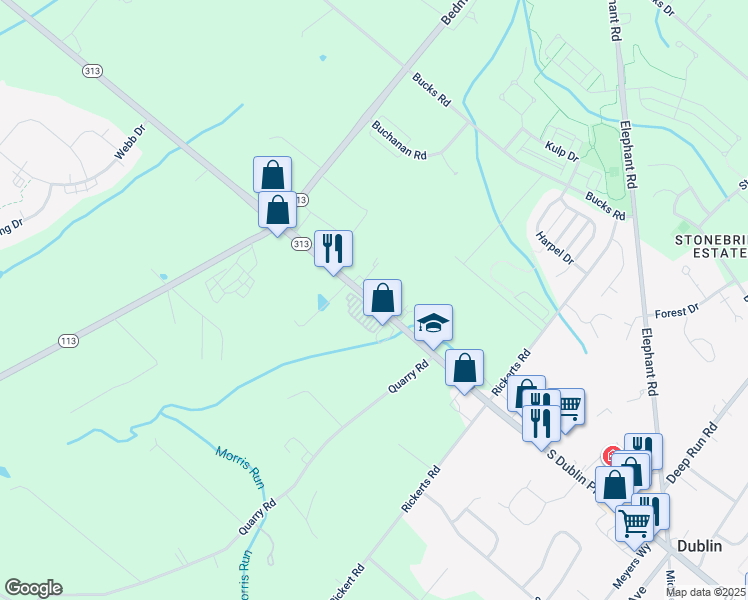 map of restaurants, bars, coffee shops, grocery stores, and more near 293a Dublin Pike in Perkasie