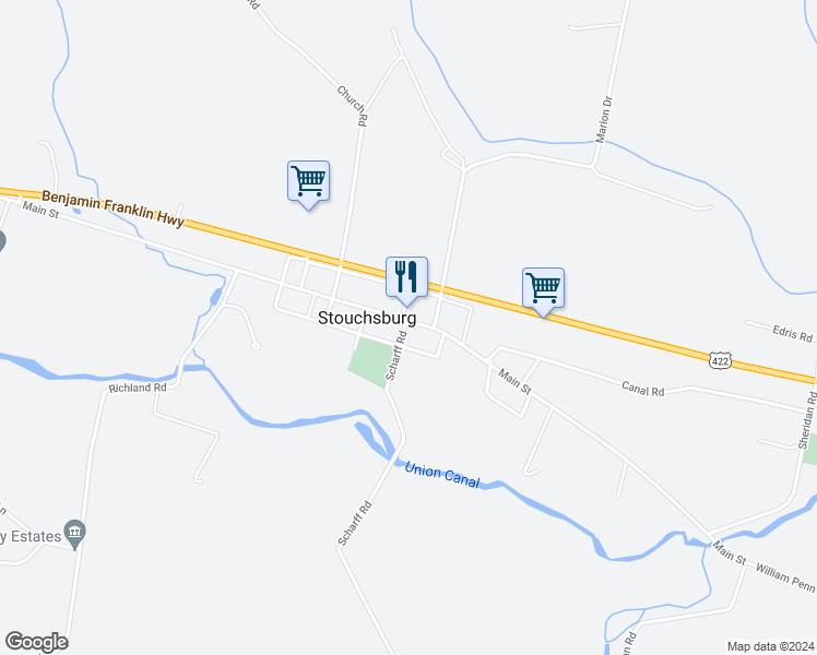 map of restaurants, bars, coffee shops, grocery stores, and more near 66 Main Street in Womelsdorf