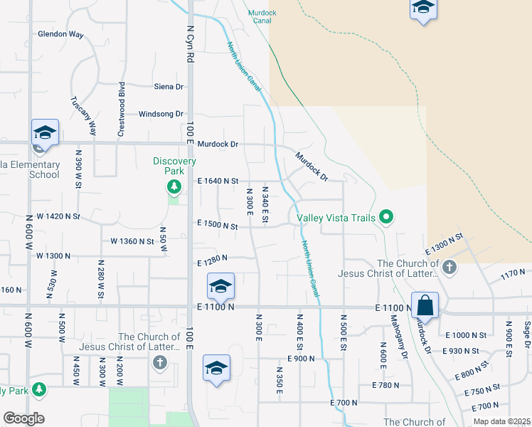 map of restaurants, bars, coffee shops, grocery stores, and more near 1552 North 340 East Street in Pleasant Grove