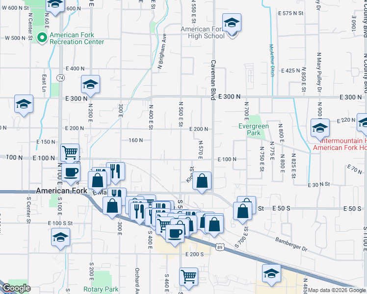 map of restaurants, bars, coffee shops, grocery stores, and more near 532 East 180 North in American Fork