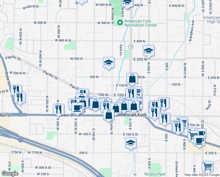 map of restaurants, bars, coffee shops, grocery stores, and more near 19 West Lane in American Fork