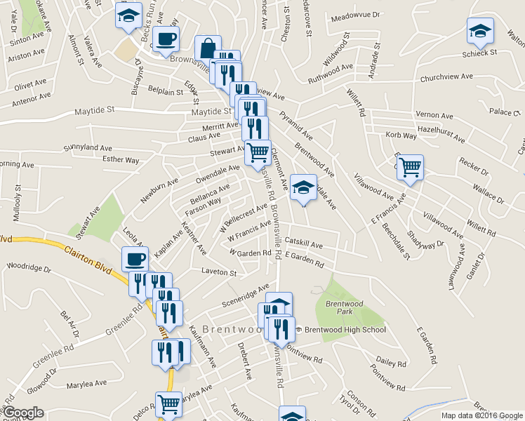 map of restaurants, bars, coffee shops, grocery stores, and more near 28 West Bellecrest Avenue in Pittsburgh