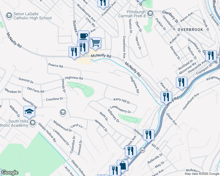 map of restaurants, bars, coffee shops, grocery stores, and more near 919 Highview Road in Pittsburgh