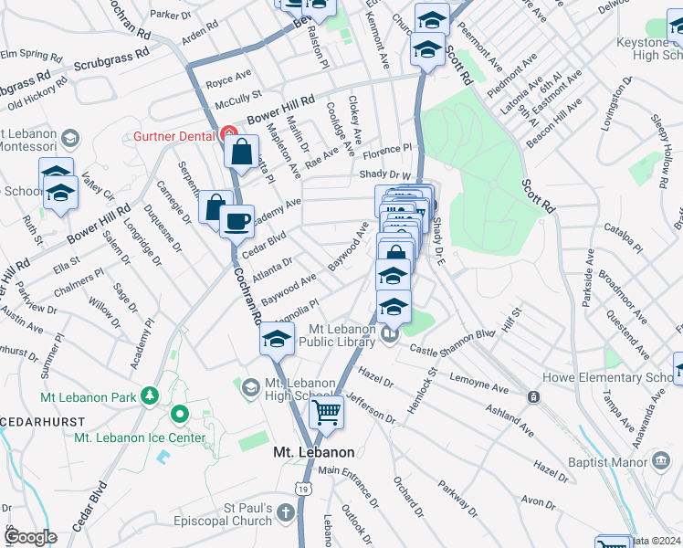 map of restaurants, bars, coffee shops, grocery stores, and more near 210 Mabrick Avenue in Pittsburgh