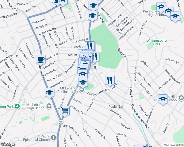 map of restaurants, bars, coffee shops, grocery stores, and more near 710 Shady Drive West in Pittsburgh