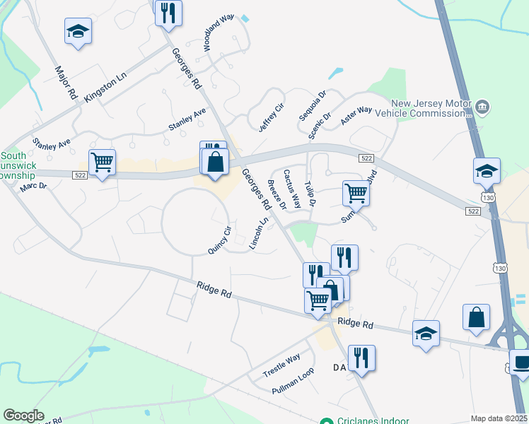 map of restaurants, bars, coffee shops, grocery stores, and more near B1 Georges Road in South Brunswick Township